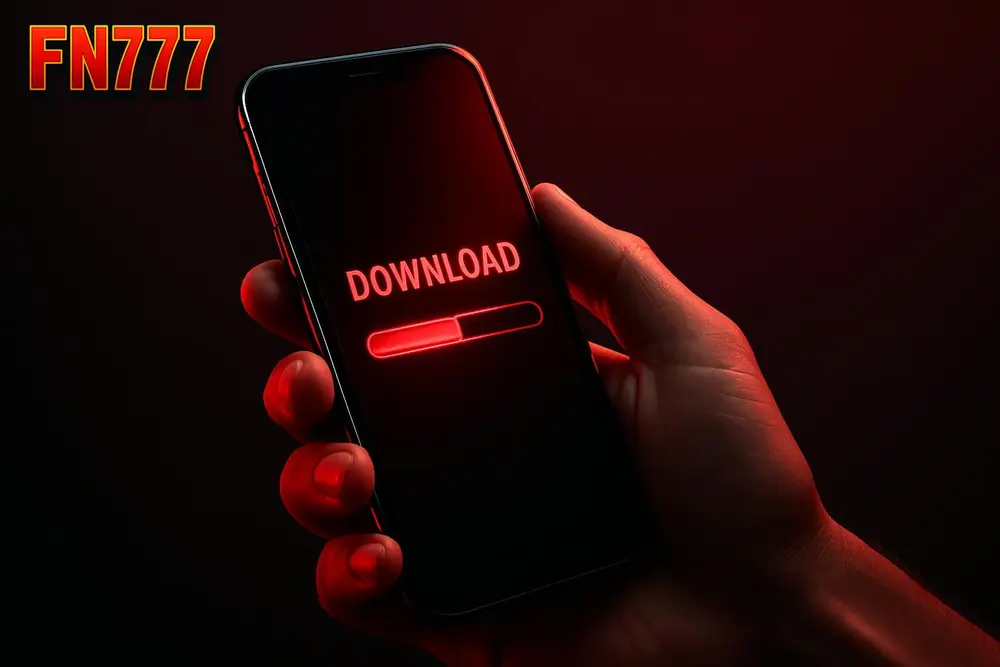 FN777 App Download โ a hand holding a phone during app installation with a progress bar FN777 App Download โ a hand holding a phone during app installation with a progress bar
