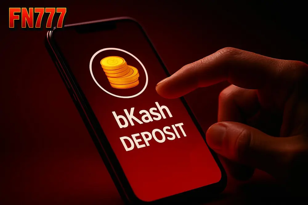 FN777 bKash Deposit — a hand tapping a mobile banking app with coins graphic overlay