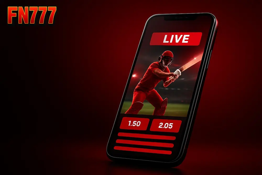 FN777 Cricket Betting — a smartphone showing a live cricket score and betting odds screen
